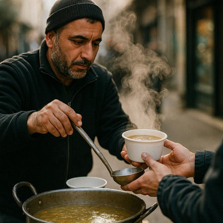 Two men drinking hot coffee on the street in Barcelona, Spain.の写真素材