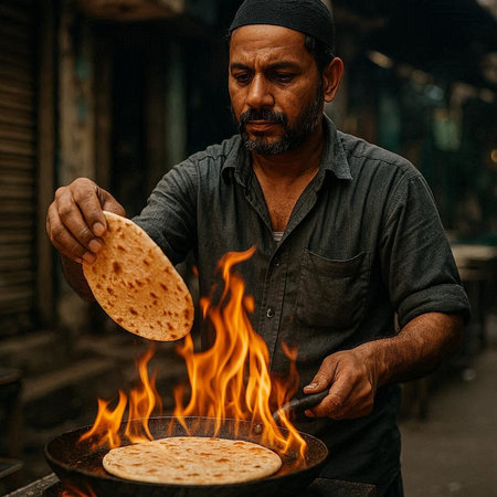 Indian street vendor making a traditional turkish pita bread on the street.の写真素材