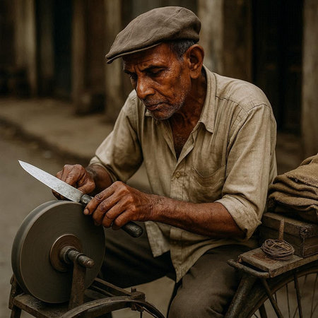 Portrait of an old indian man working on a bicycle.