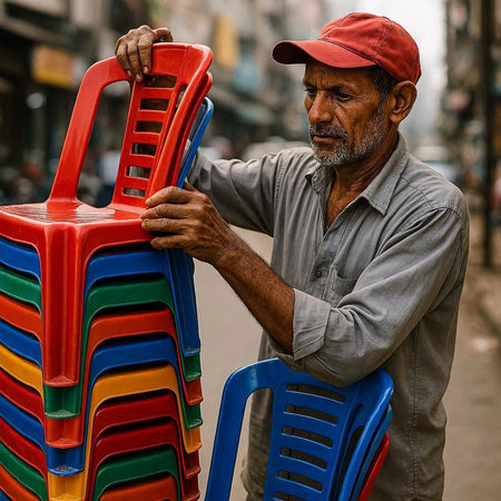 Old man in a cap and t-shirt is repairing a chair in the street.の写真素材
