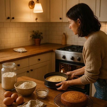 Woman baking cake in the kitchen at home. Side view of a woman in a beige sweater standing in the...