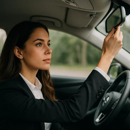 businesswoman in suit driving car and holding steering wheel, rear view
