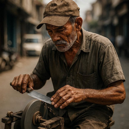 Old man working in the streets of Kathmandu, Nepal.の写真素材