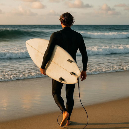 Surfer in wetsuit with surfboard on the beach.