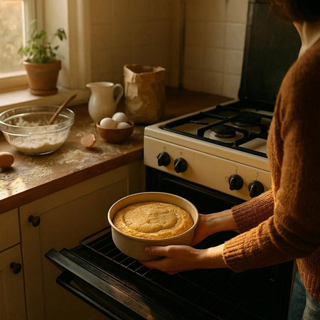 Woman cooking homemade pie in the kitchen at home. Female hands holding a baking tray with fresh...