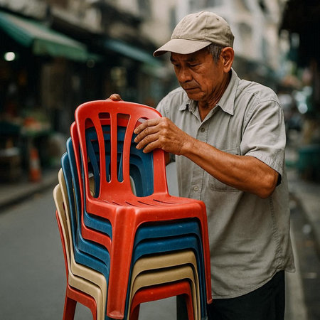 Old man sitting on a chair in the street and looking at the camera