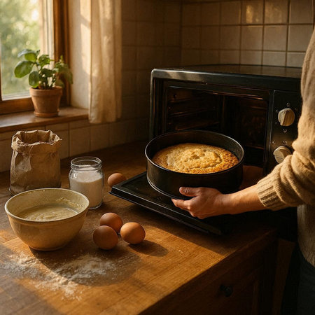 Female hands holding a baking sheet with freshly baked pie and ingredients on the tableの写真素材