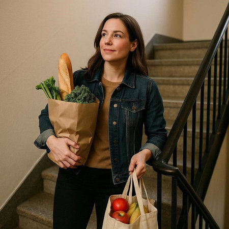 Young woman holding grocery shopping bag with vegetables and fruits. Shopping concept.