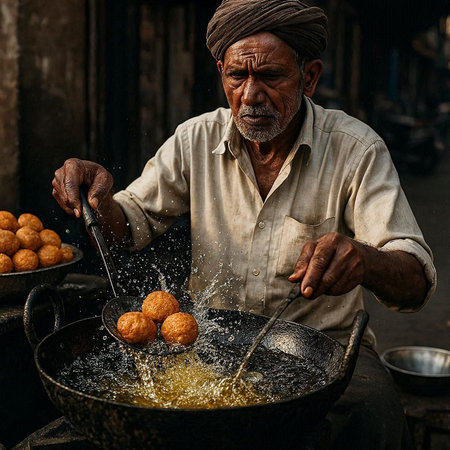 Unidentified indian man cooking a croquettes in the street.