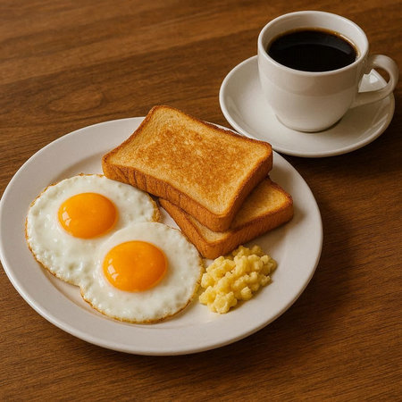 Breakfast with fried eggs, toast and coffee on a wooden table