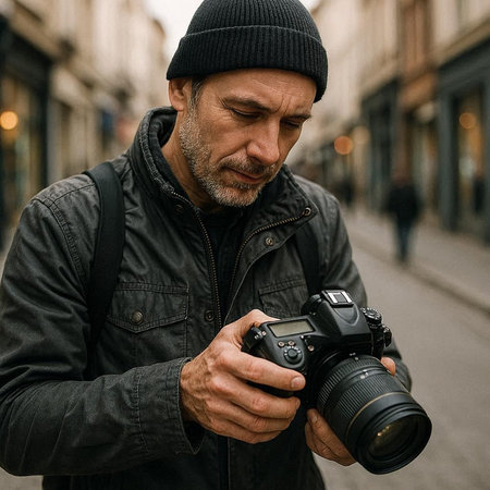 Portrait of a photographer with a camera in his hands. A man in a black hat and a black jacket.