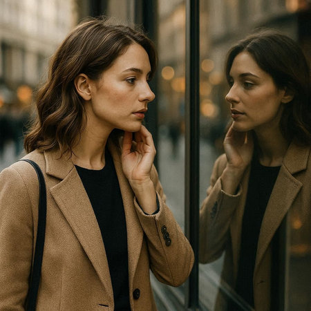 Two beautiful young women in beige coats walking in the city.