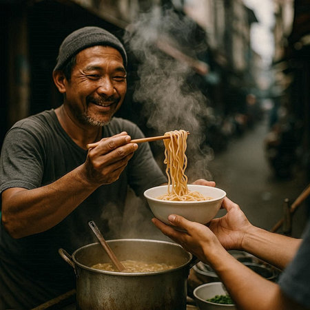 Asian man eating instant noodle at street food market in Bangkok, Thailand