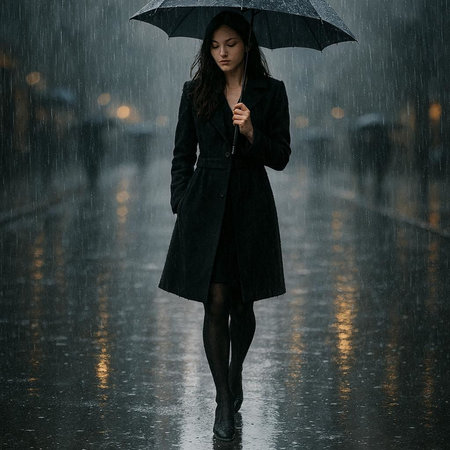 Beautiful young woman in raincoat and umbrella walking in the rain