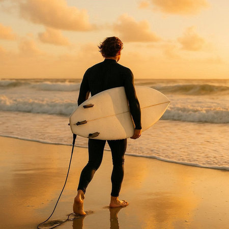 Surfer with surfboard on the beach at sunset, back view
