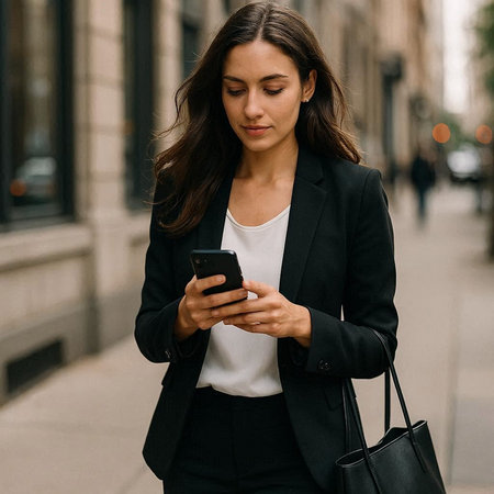 Portrait of a young businesswoman using mobile phone in the city
