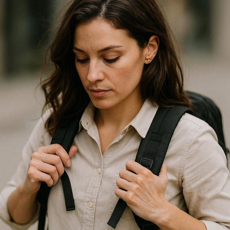 Young beautiful brunette woman with backpack walking on the city street.