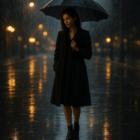 Young woman in raincoat and umbrella standing on the street at night