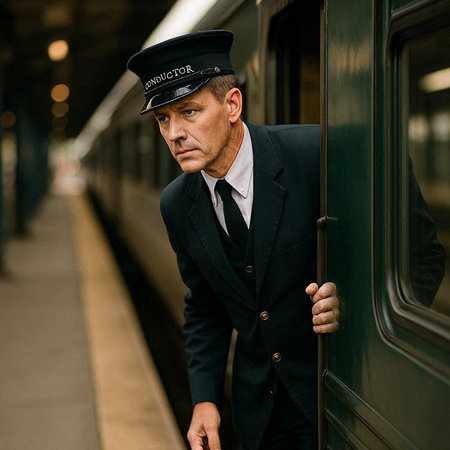 A man in a suit and cap on the platform of a train station