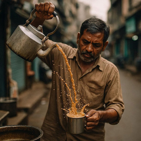 Indian man is pouring water from a kettle.