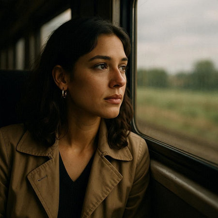 Portrait of a beautiful girl in a brown coat sitting in a train