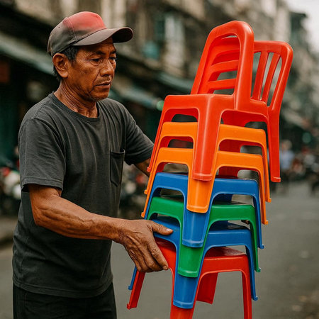 Unidentified asian man sells plastic chair in Bangkok.