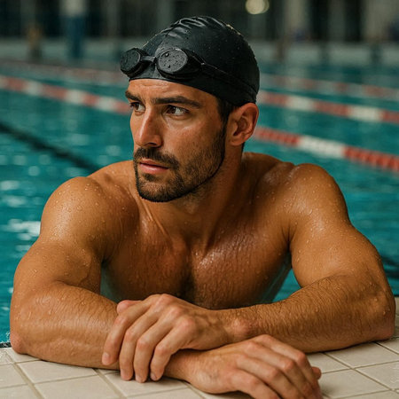 Portrait of a male swimmer wearing cap and goggles in swimming poolの写真素材