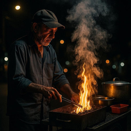 Old man cooking food at night in the street. Street food.
