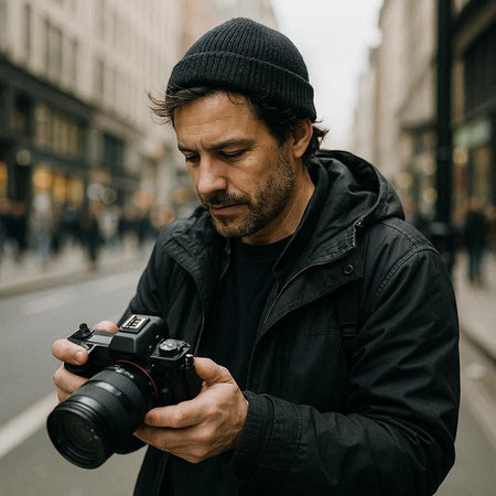 Handsome bearded man in black jacket and hat with camera in the city