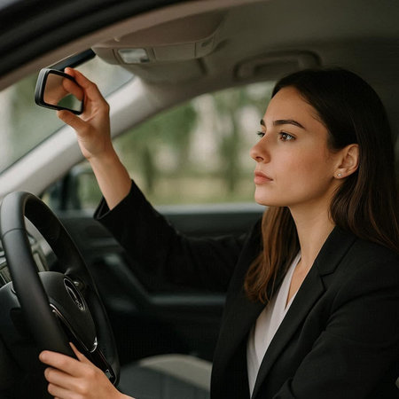 Beautiful business woman driving a car and holding a steering wheel.