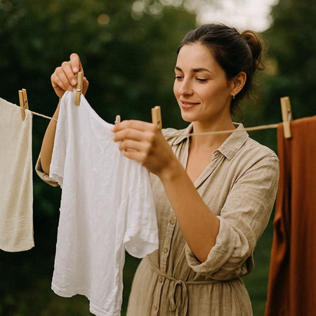 Beautiful young woman drying clothes on a rope in the garden.