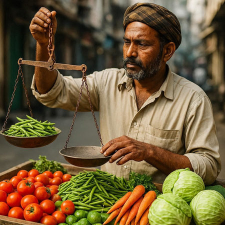 Indian man selling vegetables in the street.