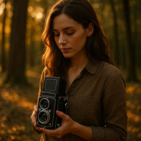 Portrait of a young woman with a camera in the forest.