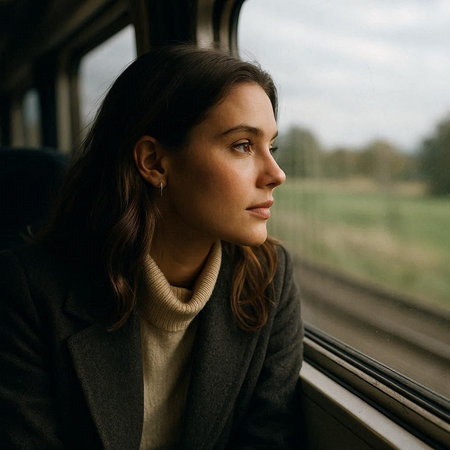Portrait of a young brunette woman in a gray coat sitting on the train.