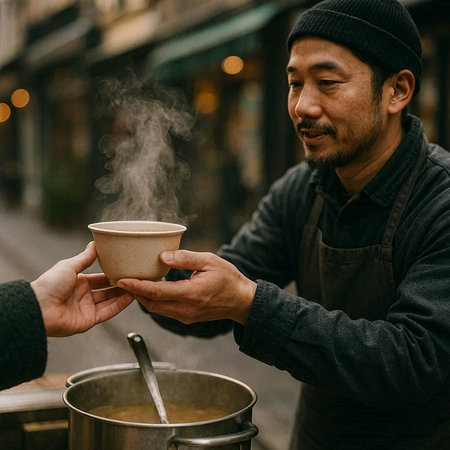 Handsome asian man holding a cup of hot drink in the street.