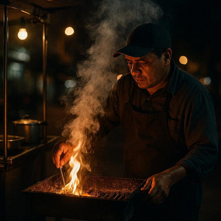 Old man in a cap and apron making hot steaming coals at night
