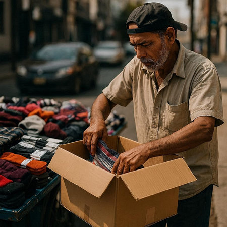 Homeless man with a box of clothes on the street. Homelessness concept.