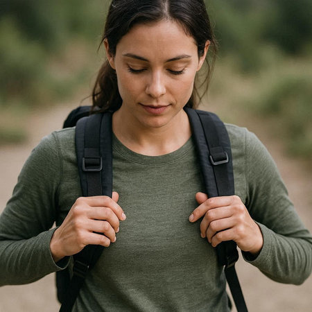Portrait of a young woman hiker with backpack hiking in nature