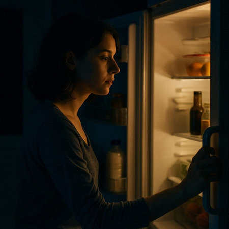 Young woman looking for food in fridge at night. Fridge full of food at night.