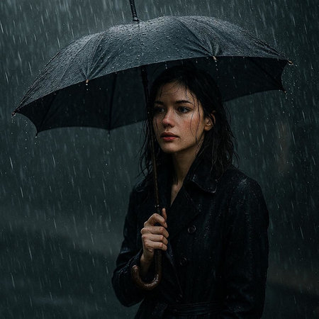 Portrait of a young woman with an umbrella in the rain.