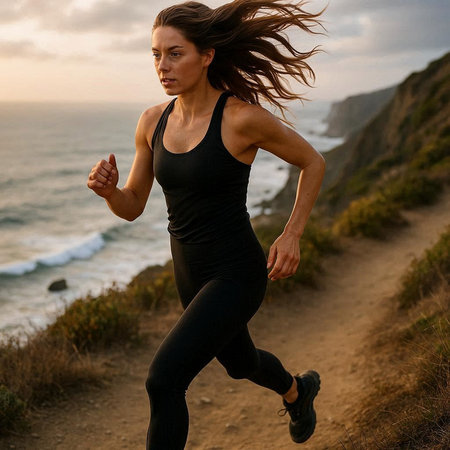 Athletic woman running on a mountain trail at sunset.の写真素材
