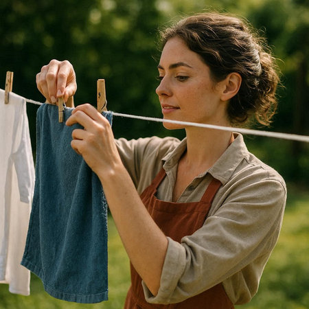 Young woman hanging clothes on a clothesline in the garden. Selective focus.