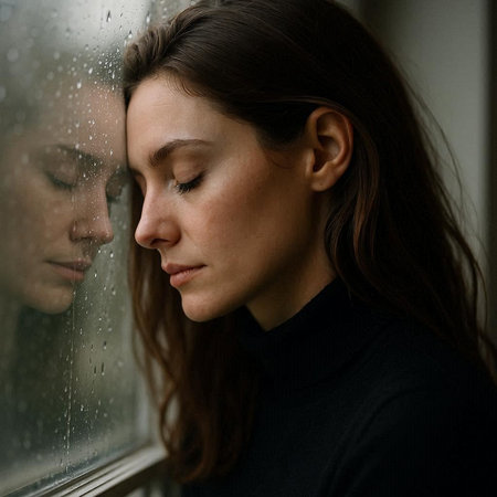 Sad young woman with closed eyes looking out the window at the rain