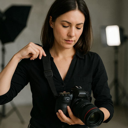 Photo of a beautiful young photographer posing with camera in the studio.