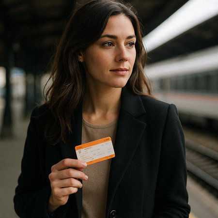 Portrait of a beautiful young woman at the train station, holding a ticket