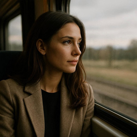 Portrait of a beautiful young woman in a train carriage looking away