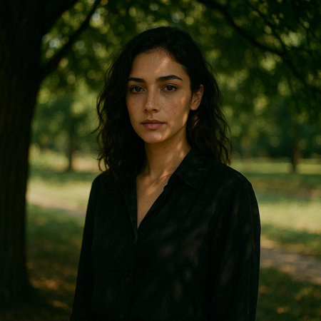 Portrait of a beautiful young woman in a black shirt in the park
