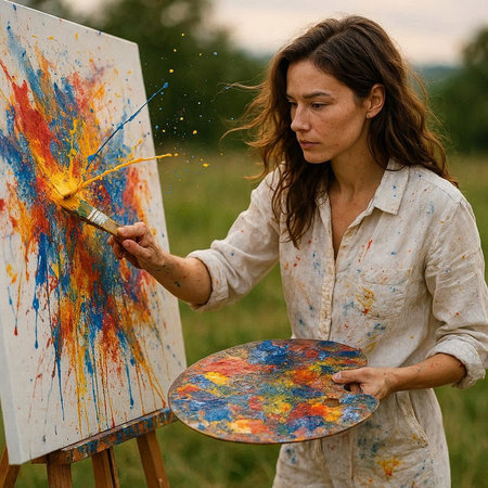 Young beautiful woman artist with paint palette and brush painting on canvas outdoors.