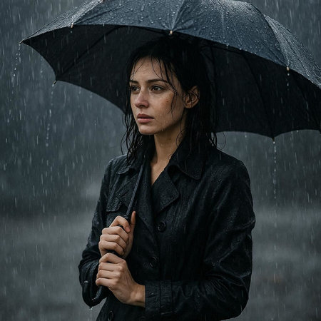 Portrait of a young woman with an umbrella in the rain.