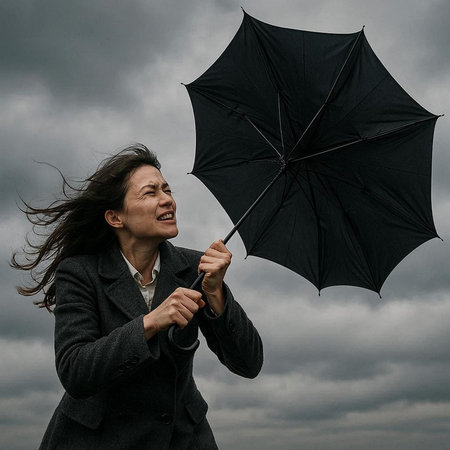 Portrait of a beautiful businesswoman with an umbrella in the rain